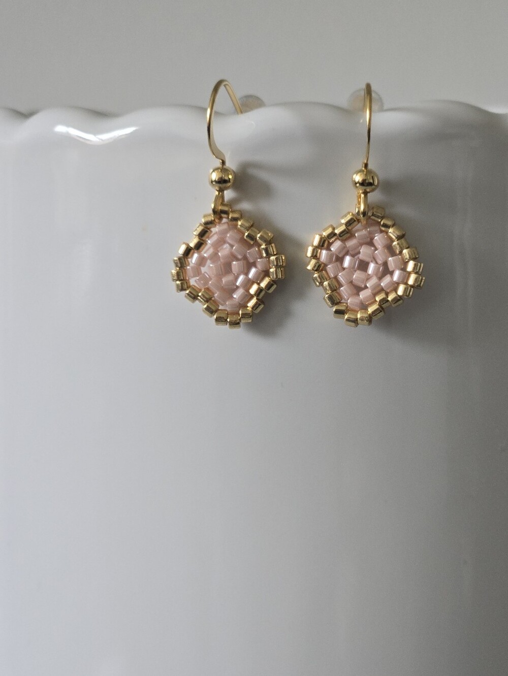 079 New Handmade Gold and Soft Pink Beaded Drop Earrings